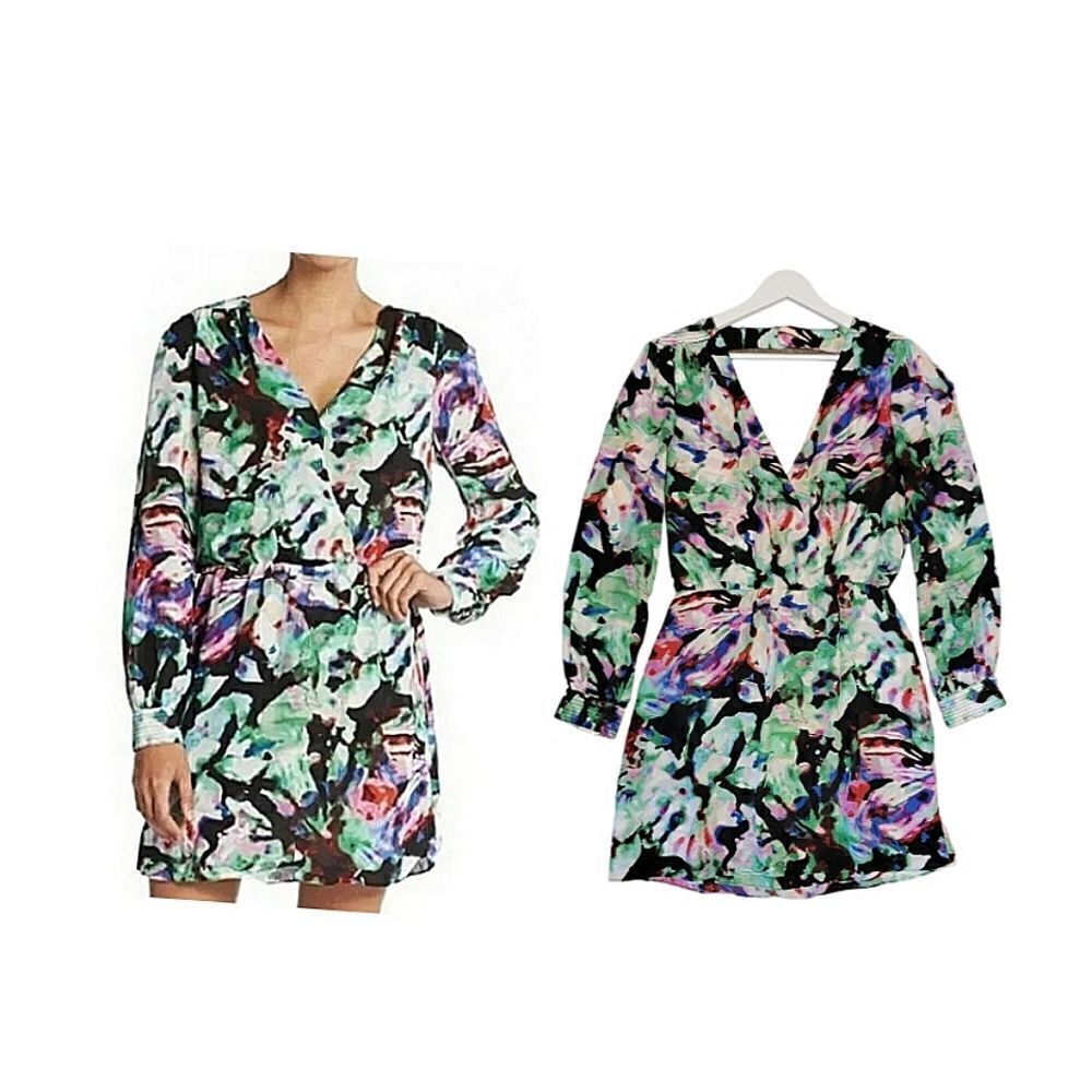 Parker Lila Surplice Night Garden Floral Faux Wrap Long Sleeve Mini Dress M